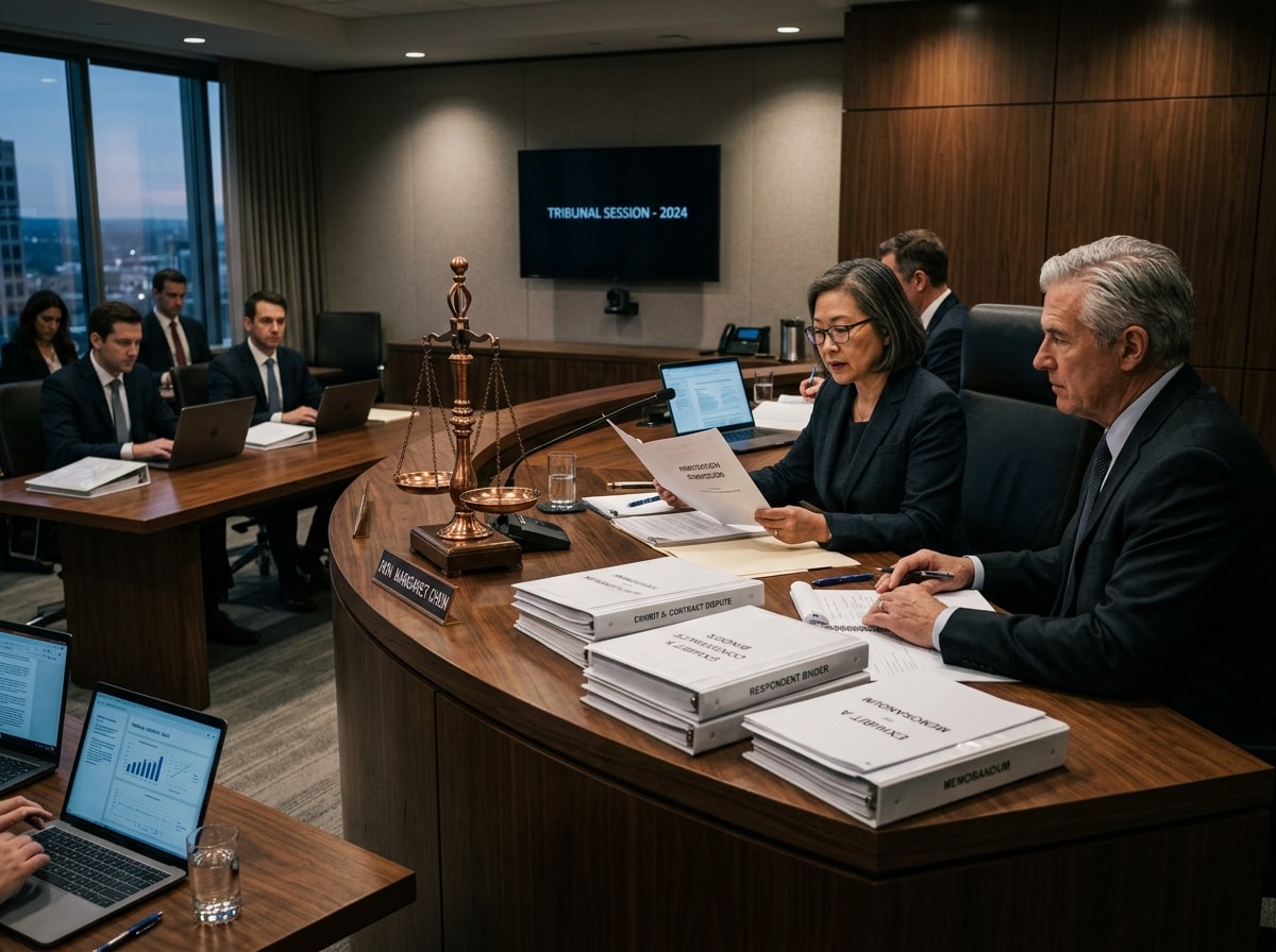 Tribunal arbitral e mesa de julgamento com advogados e documentos processuais.