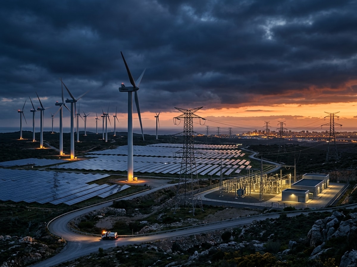 Infraestrutura de energia renovável com parque eólico, solar e linhas de transmissão ao entardecer.