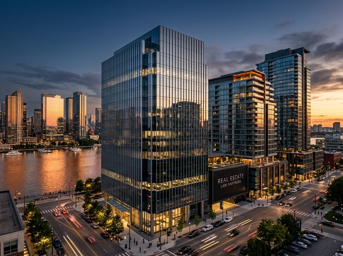 Edifícios corporativos e arquitetura comercial moderna ao entardecer.