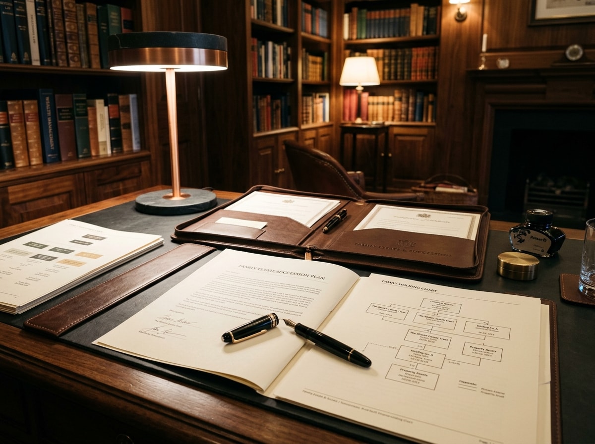 Documentos de planejamento patrimonial e sucessório, organograma de holding e pasta de couro em escritório clássico.