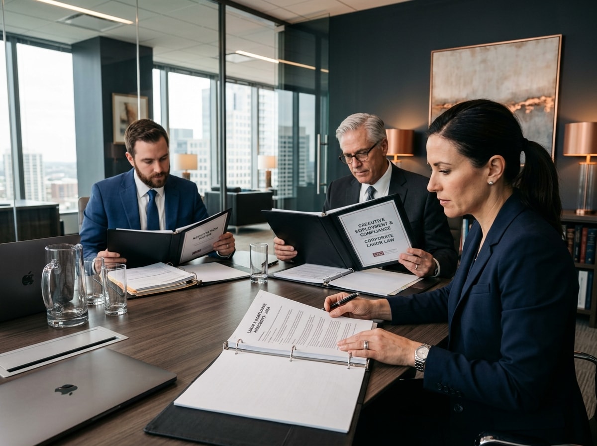 Advogados e executivos em reunião corporativa de conformidade e consultoria trabalhista.