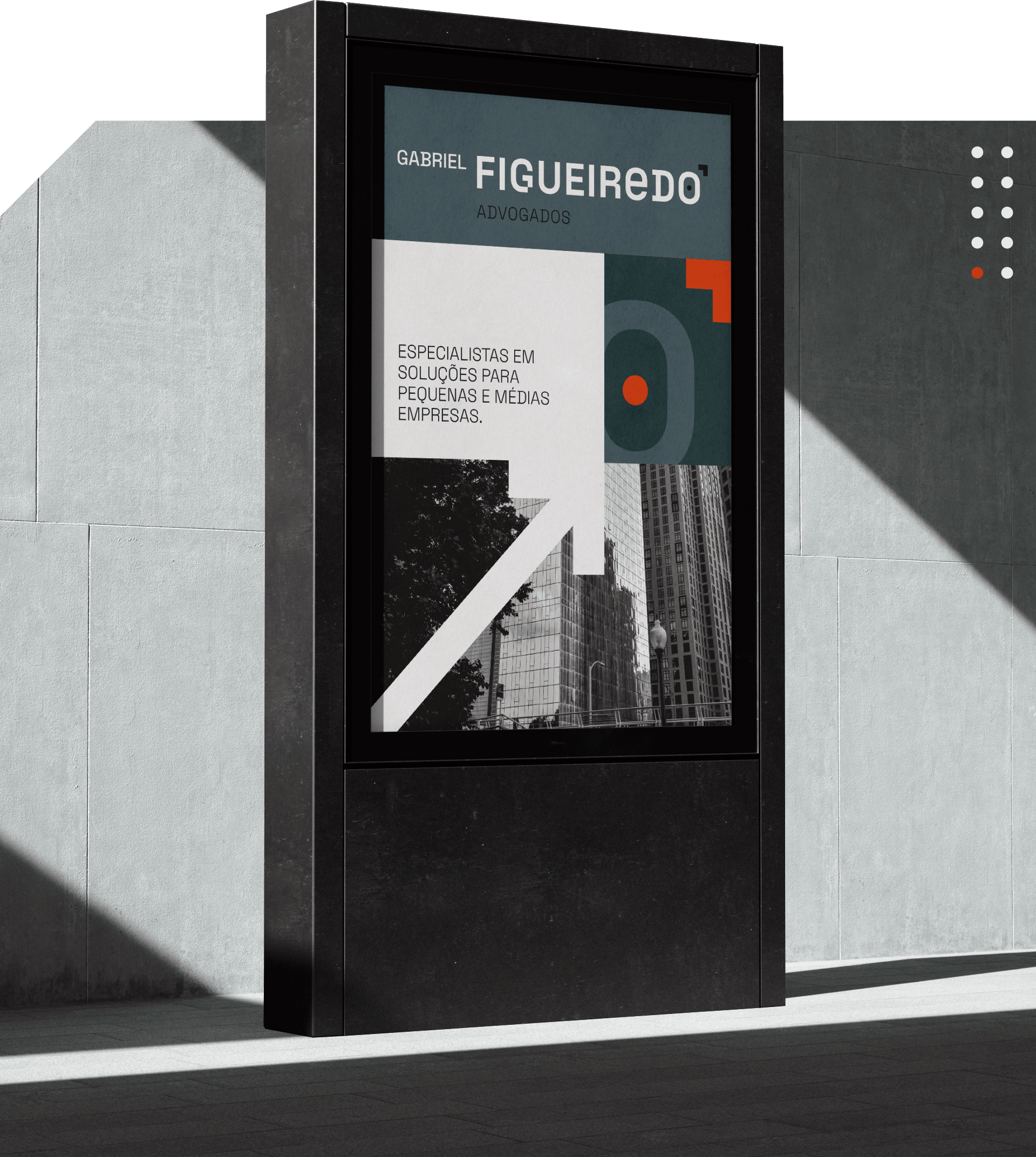 Painel institucional da GFigueiredo Advogados destacando a proposta para pequenas e médias empresas.