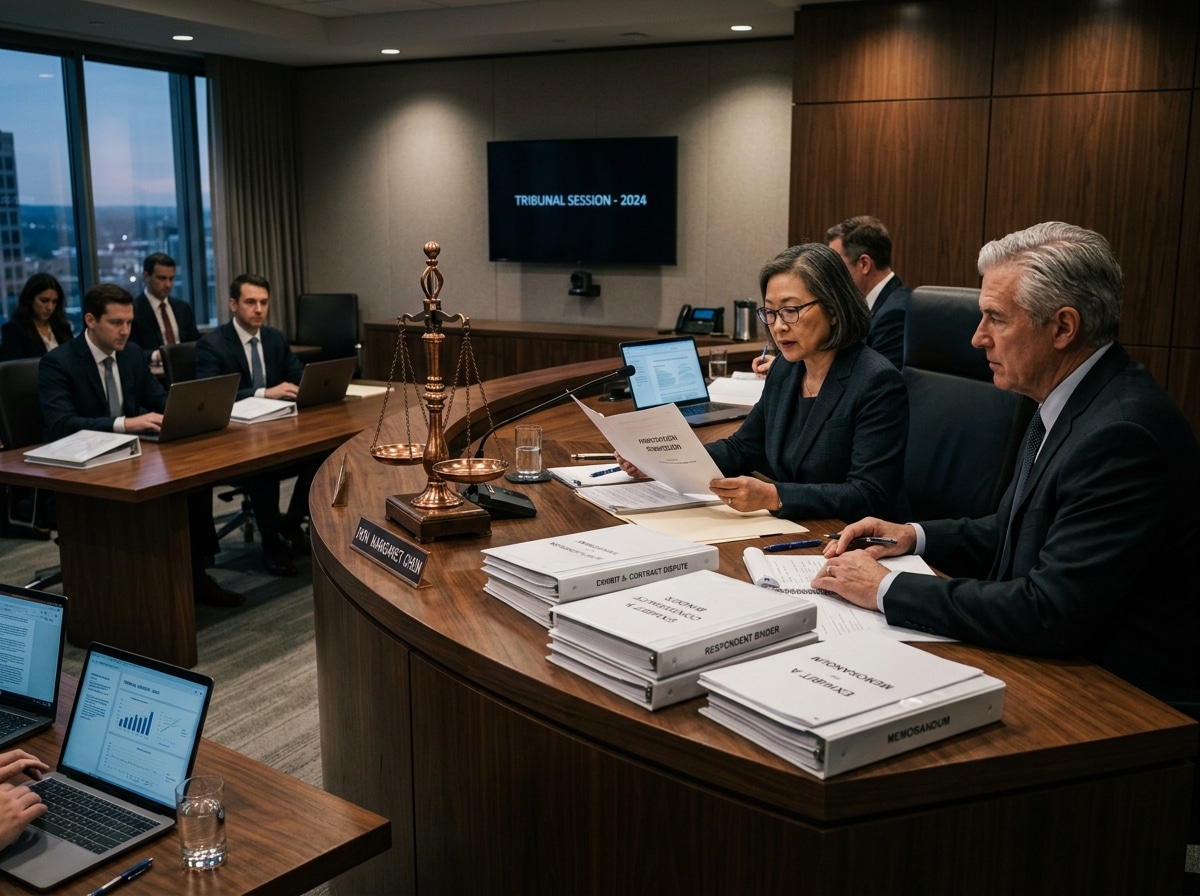 Tribunal arbitral e mesa de julgamento com advogados e documentos processuais.