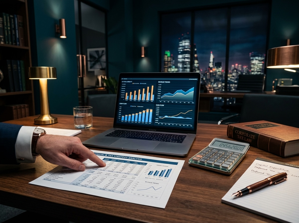 Mesa executiva com análise tributária, gráficos financeiros, notebook e livro de direito tributário.